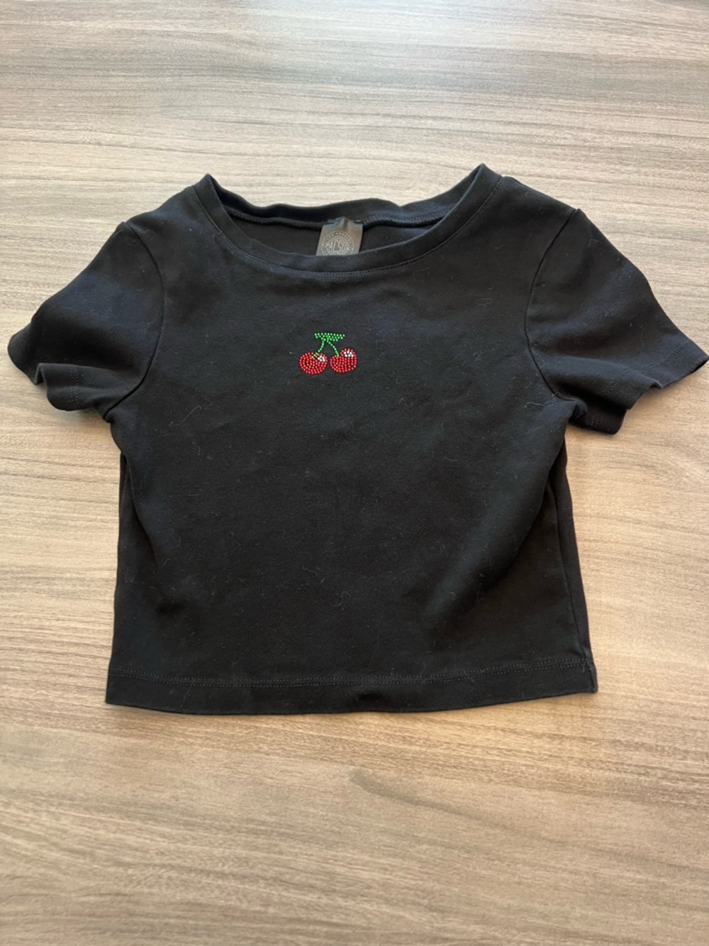 PacSun Black Short Sleeve Crop Tee with Small Embellished Cherry